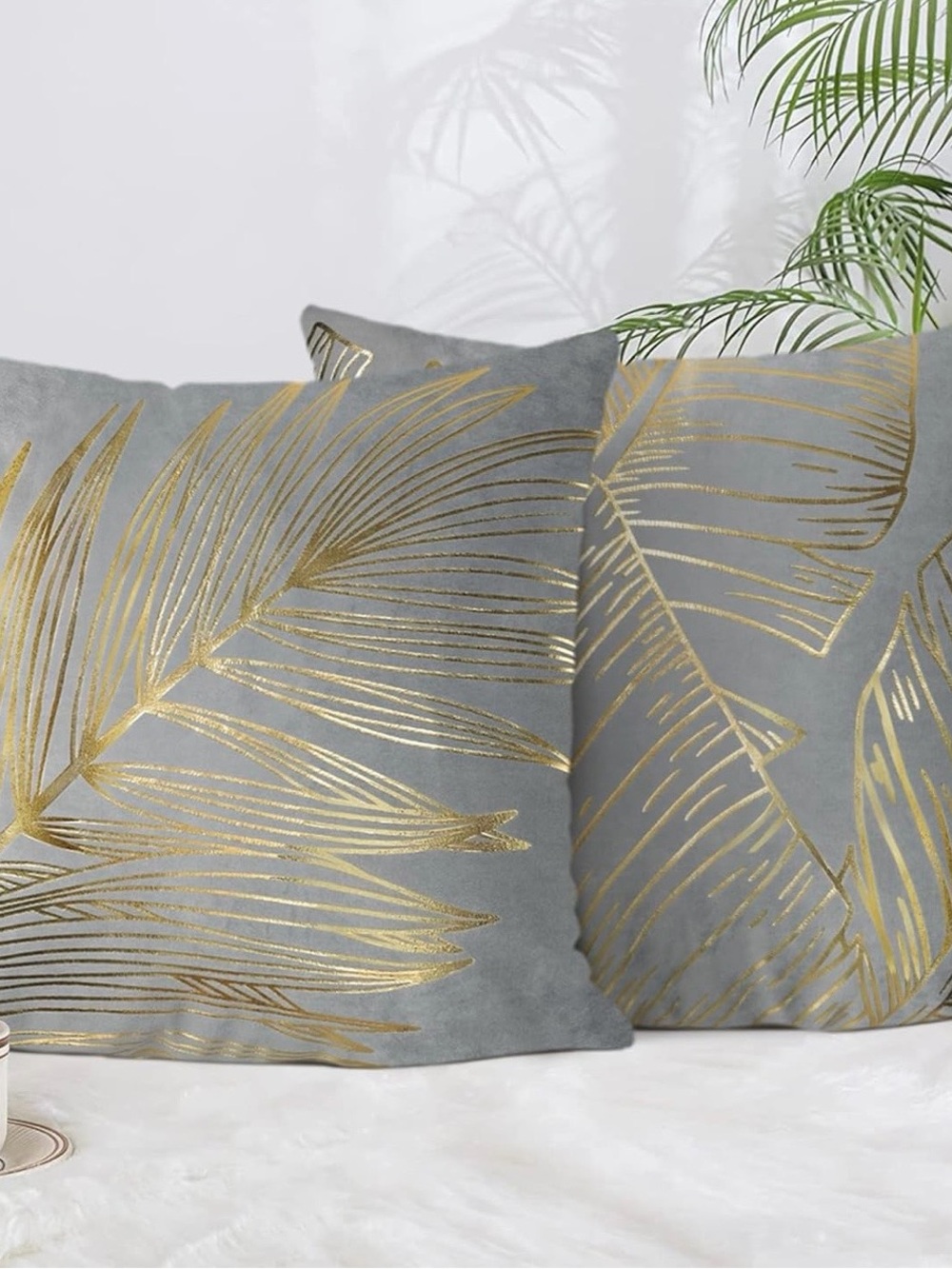 Grey Throw Pillow Covers with Gold Palm Leaf Foil